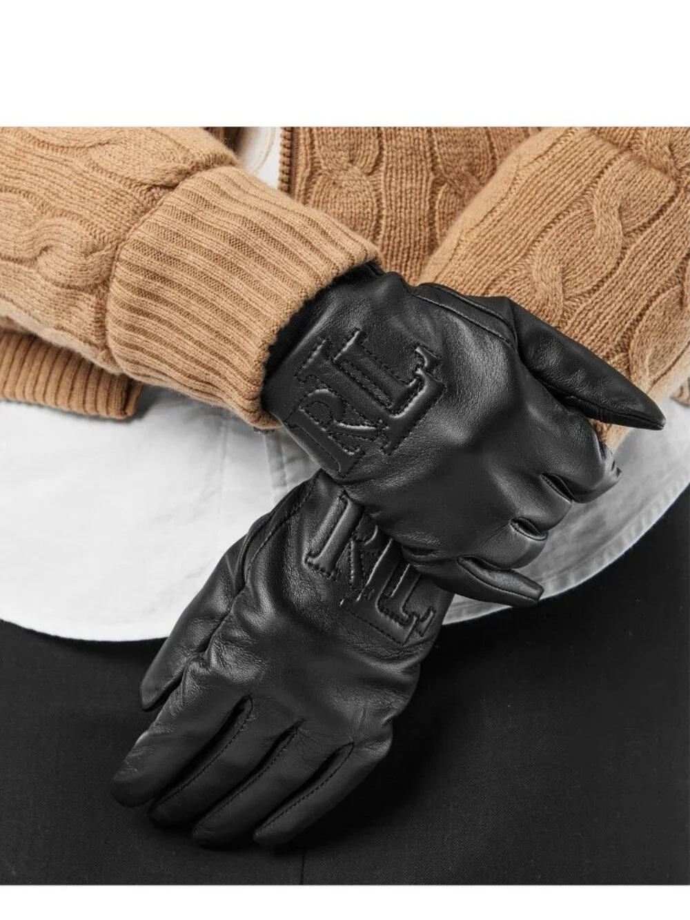 NWT Lauren Ralph Lauren Raised Logo Leather Touch Gloves Black Size Medium